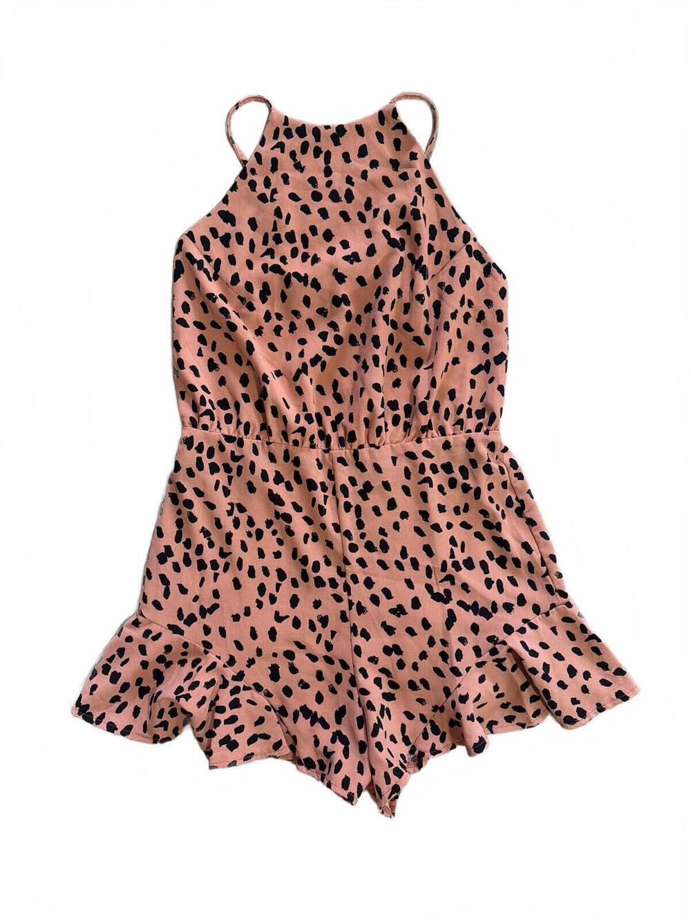 She + Sky Spaghetti Strap Animal Print Women's Romper with Ruffle Hem Size Small
